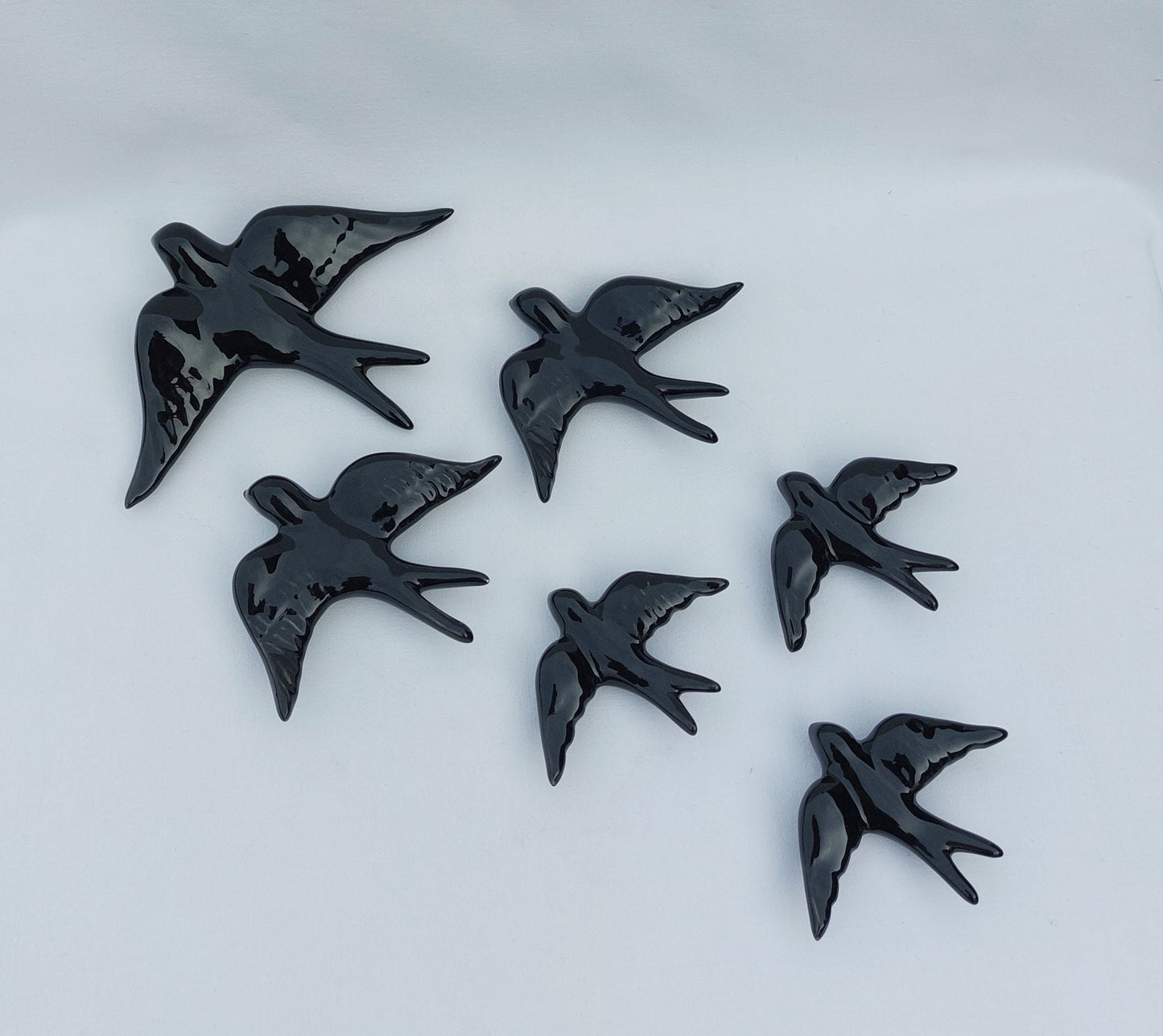 Hand-Painted Portuguese Ceramic Swallow Wall Decor, Black, Set of 6