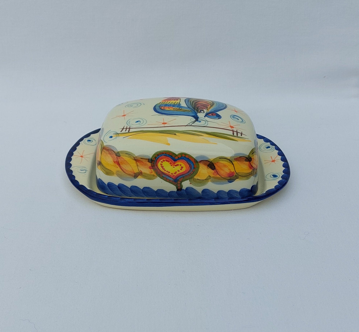 Hand-Painted Ceramic Butter Dish - Portuguese Rooster Design
