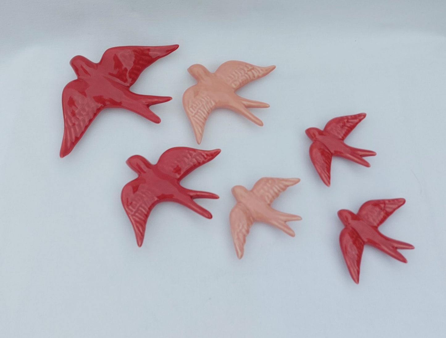 Hand-Painted Ceramic Swallow Wall Decor, Antique Rose and Red, Set of 6