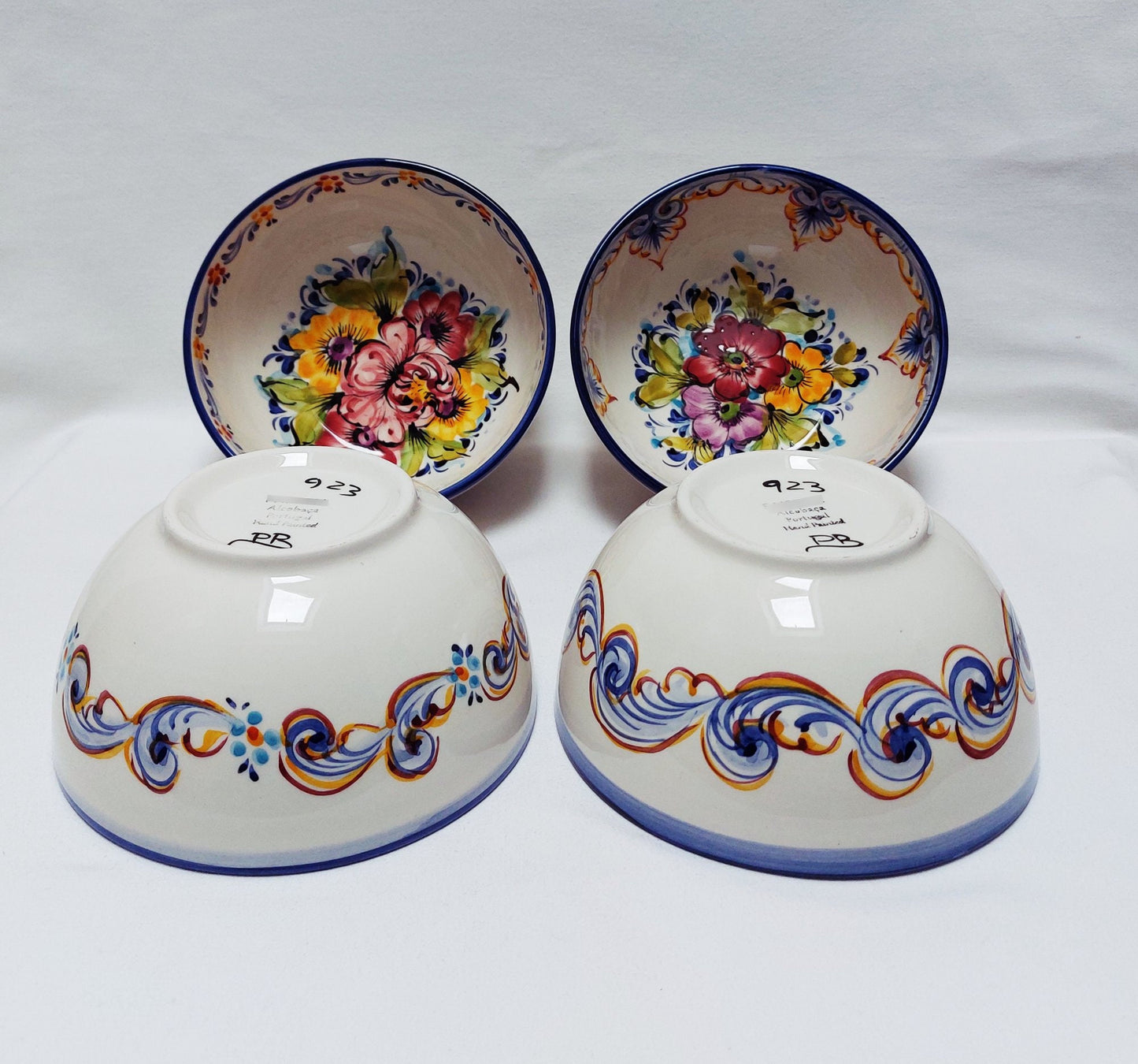 Hand Painted Portuguese Ceramic Bowls, Floral Design, Set of 4