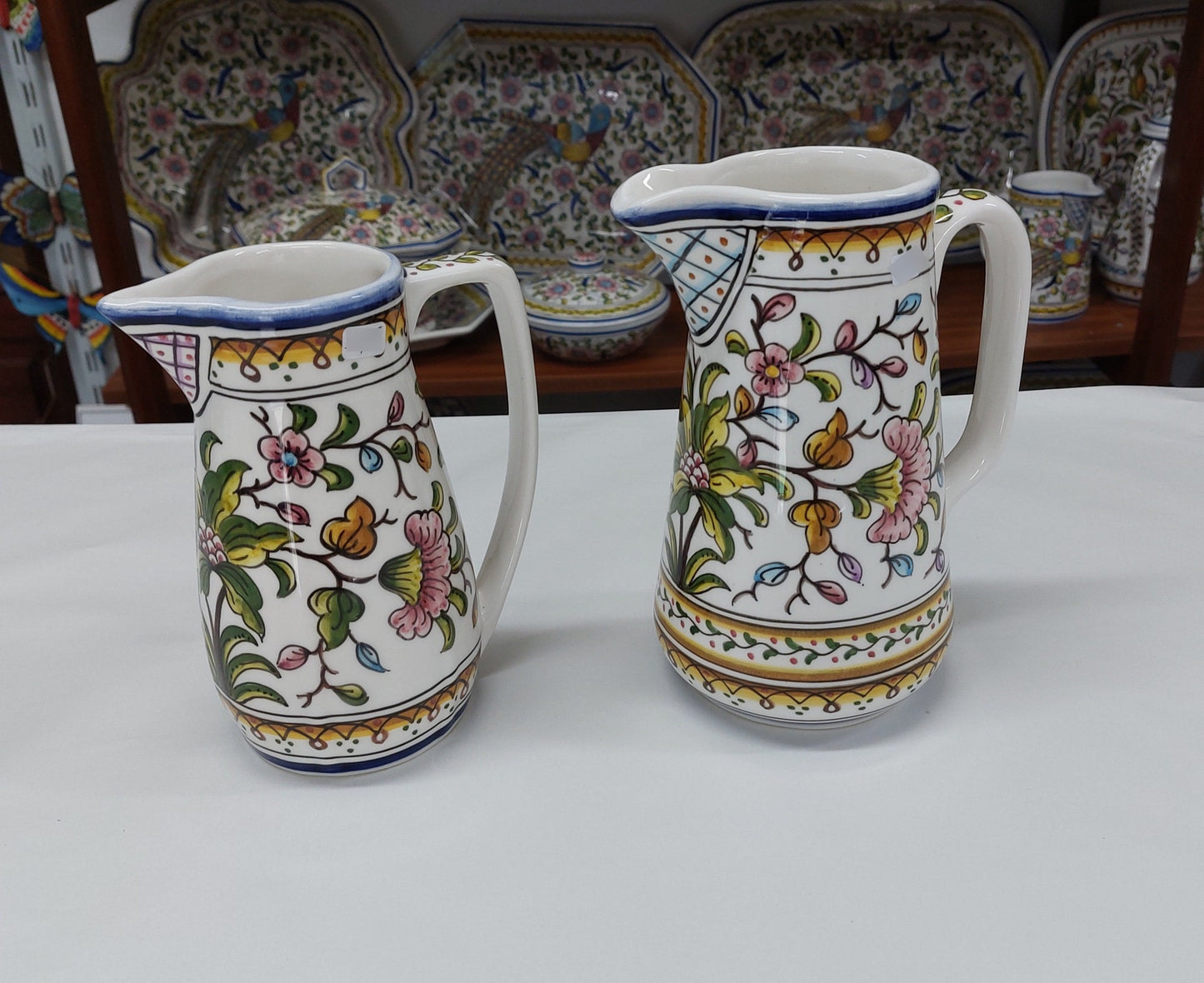 Hand-Painted Portuguese Ceramic Jug, Floral Bird Design