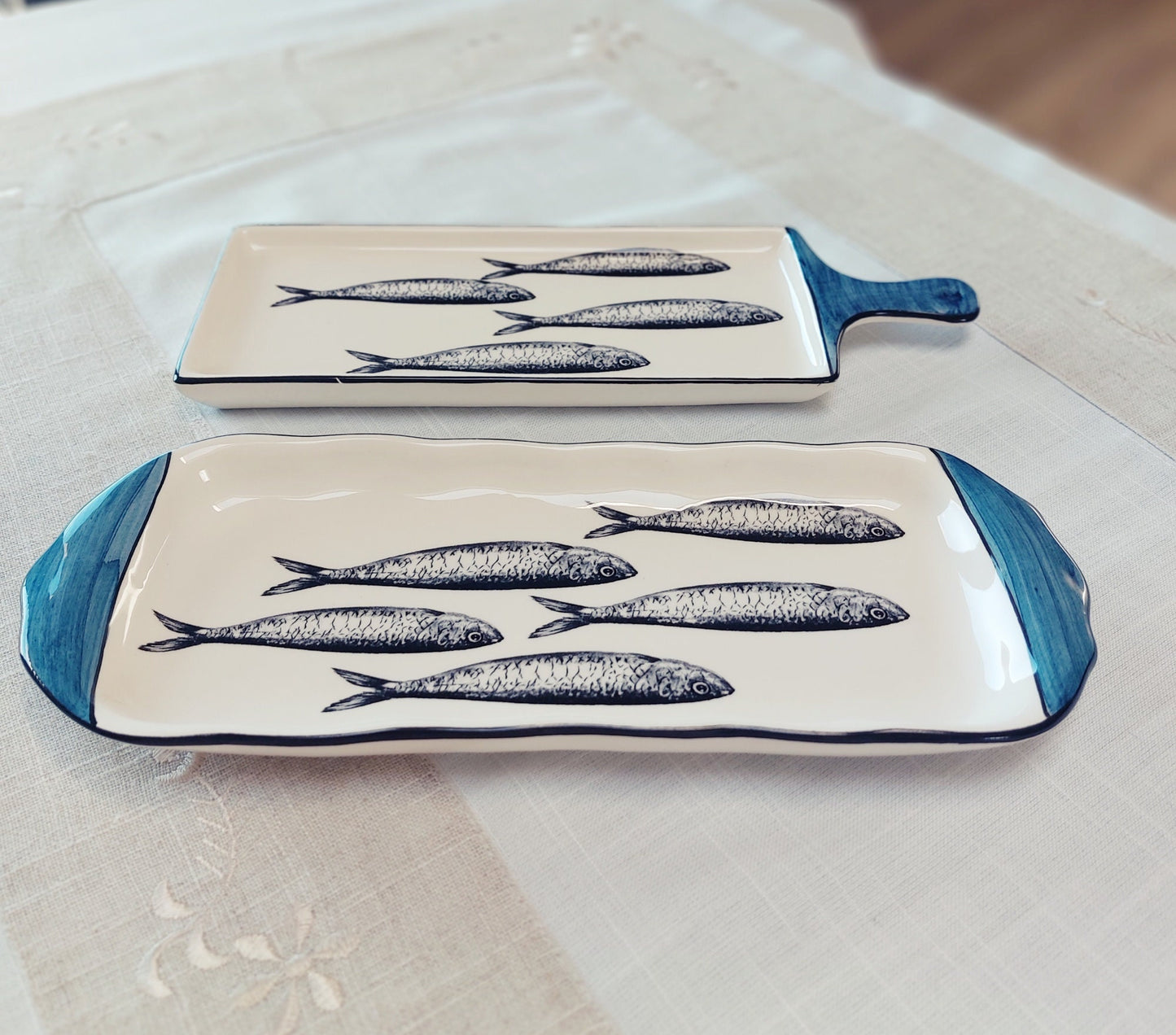 Handcrafted Portuguese Ceramic Sardine Appetizer Tray Set