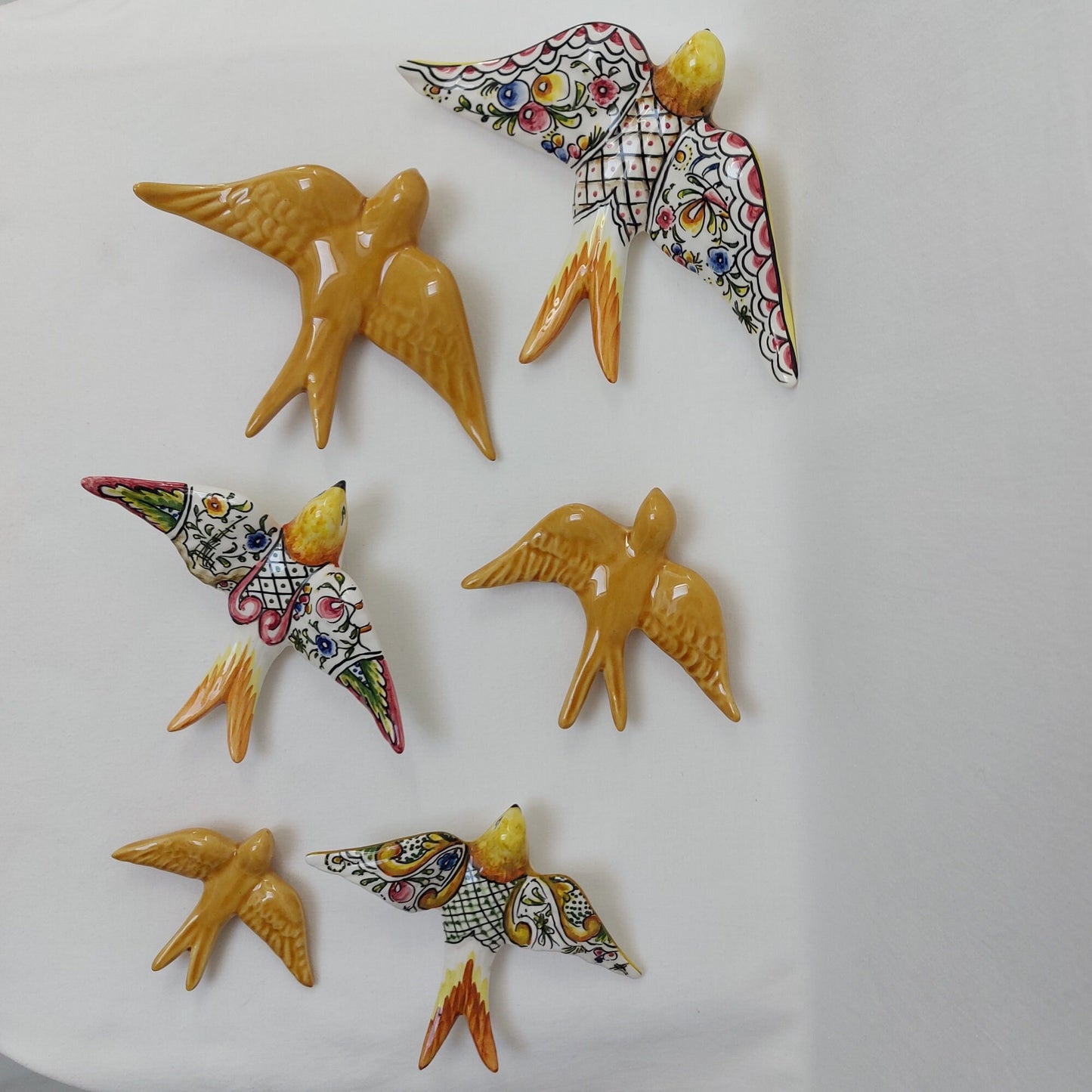 Set of 6 Hand-Painted Ceramic Swallow Wall Decor, Portuguese Folk Art