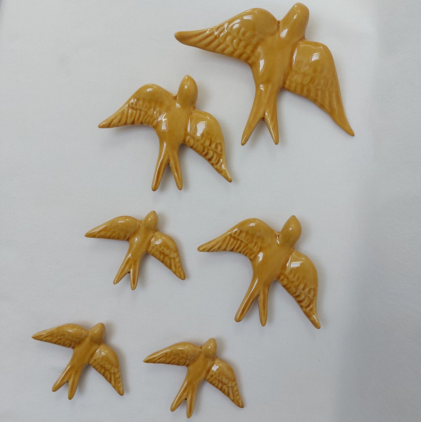 Set of 6 Yellow Ceramic Swallow Wall Decor, Hand Painted Portuguese Birds