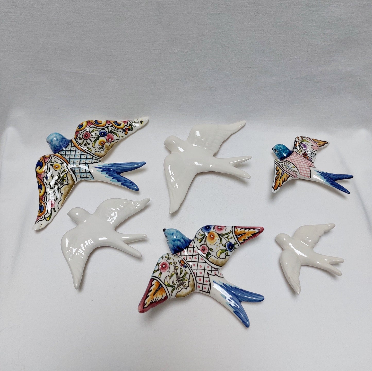 6 Piece Hand-Painted Ceramic Swallow Wall Decor, Portuguese Style