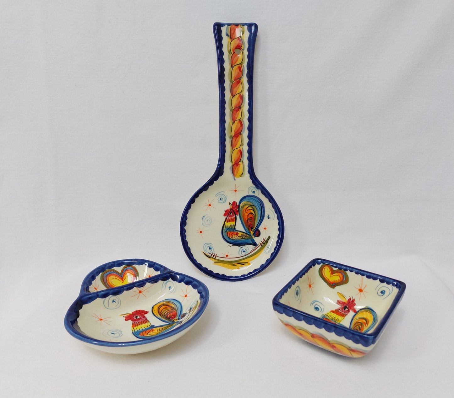 Portuguese ceramic set x3, Kitchen ceramic set, Hand Painted Portuguese Ceramic, Gift for chefs, Spoon rest, Portuguese olive dish