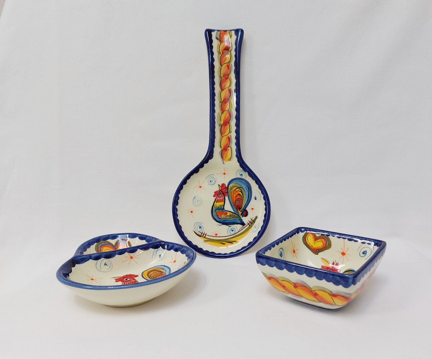 Hand Painted Portuguese Ceramic Set, Rooster Design, Spoon Rest, Olive Dish