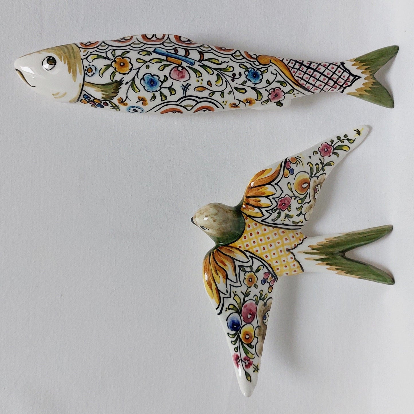 XL Set Ceramic swallow + Sardine hand painted, Portuguese ceramic swallow, Portuguese Sardines, Hand painted ceramic swallows and sardines.