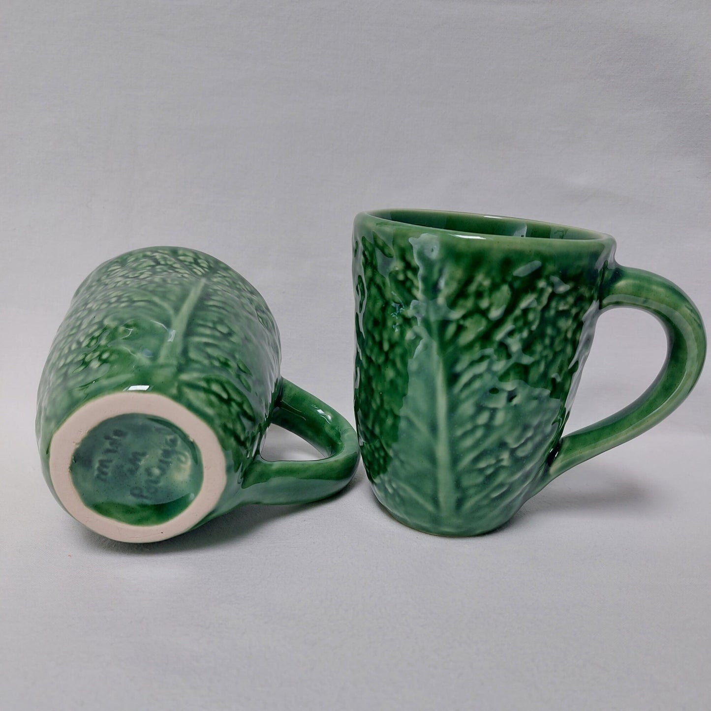Hand-Painted Ceramic Cabbage Mugs, Set of 2, Portuguese Pottery