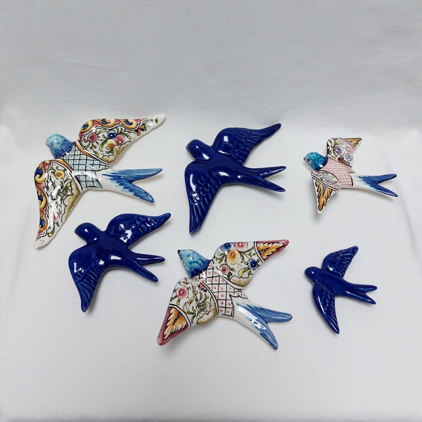 Hand-Painted Ceramic Swallow Wall Decor, Portuguese Coimbra Art (Set of 6)
