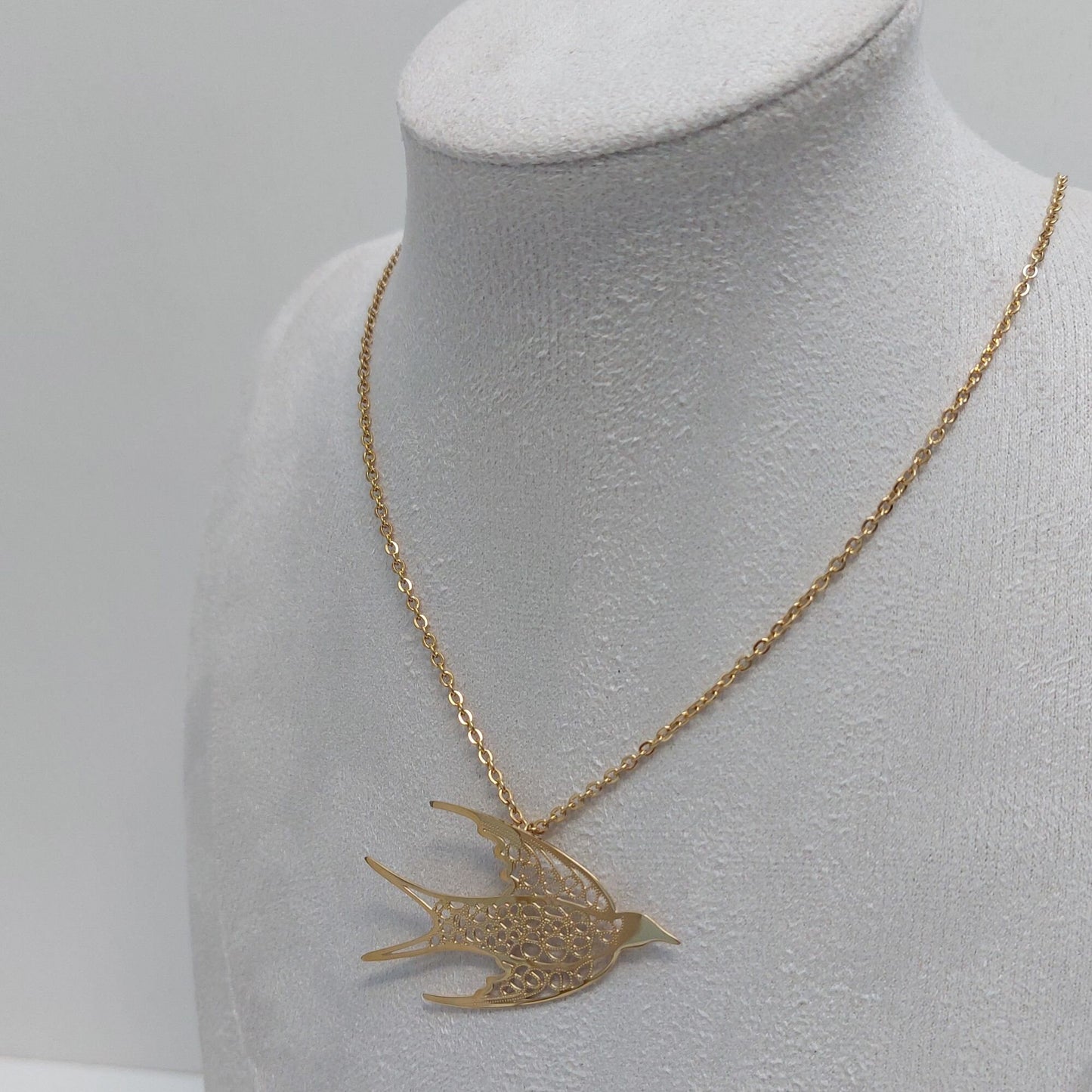 Gold Plated Swallow Necklace, Portuguese Filigree Bird Pendant