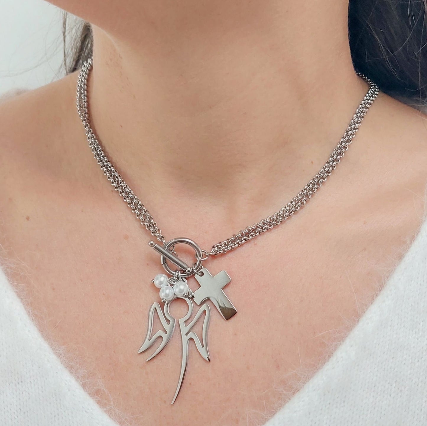 Angel & Cross Charm Necklace, Stainless Steel Double Chain