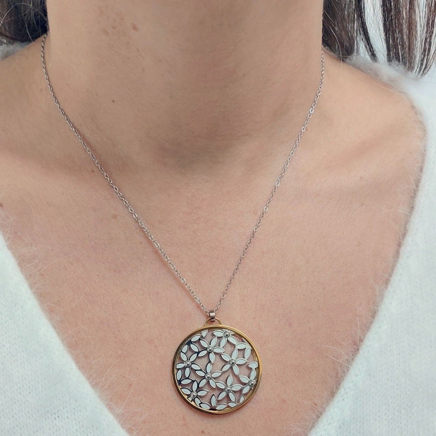Floral Stainless Steel Pendant Necklace, Portuguese Filigree Inspired