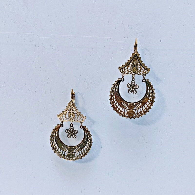 Portuguese Filigree Earrings, Handmade Gold Steel Arrecadas