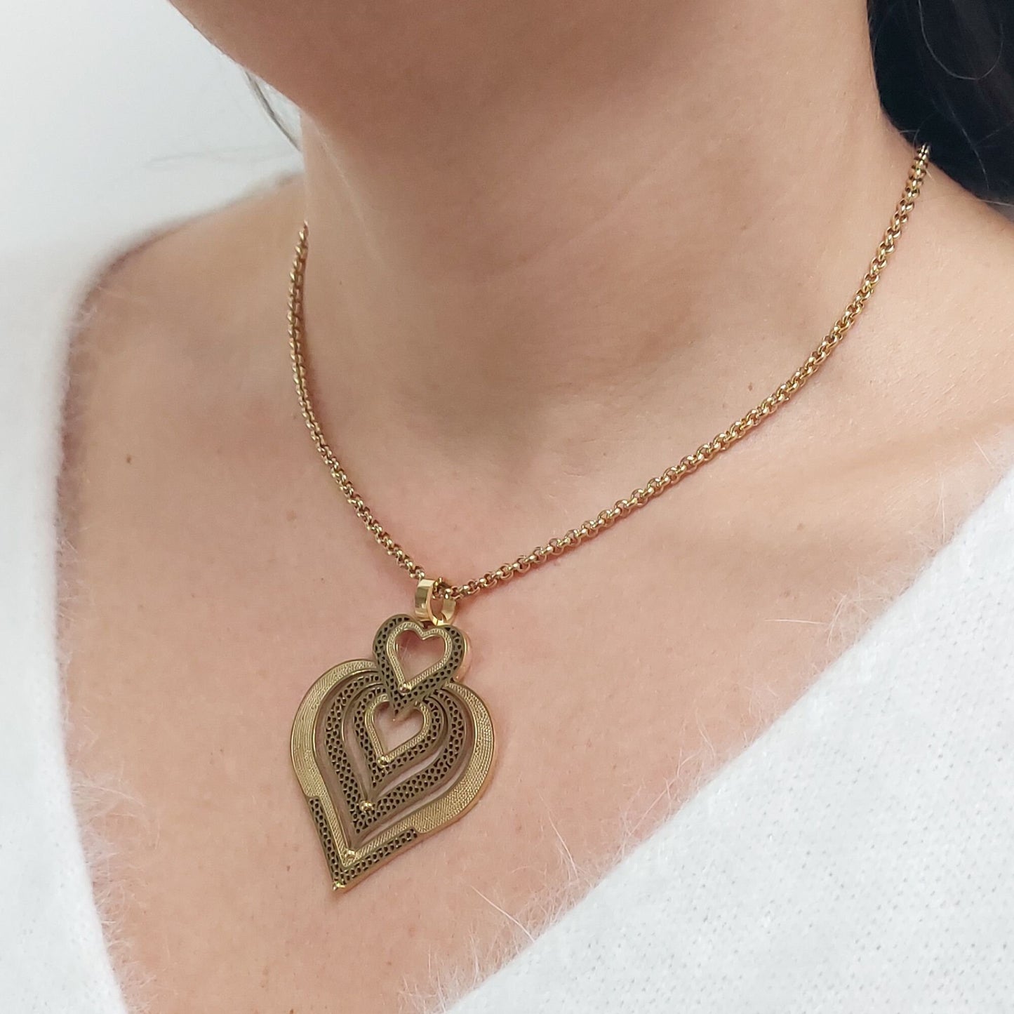 Gold Plated Filigree Heart Necklace, Emerald Crystal, Portuguese Design