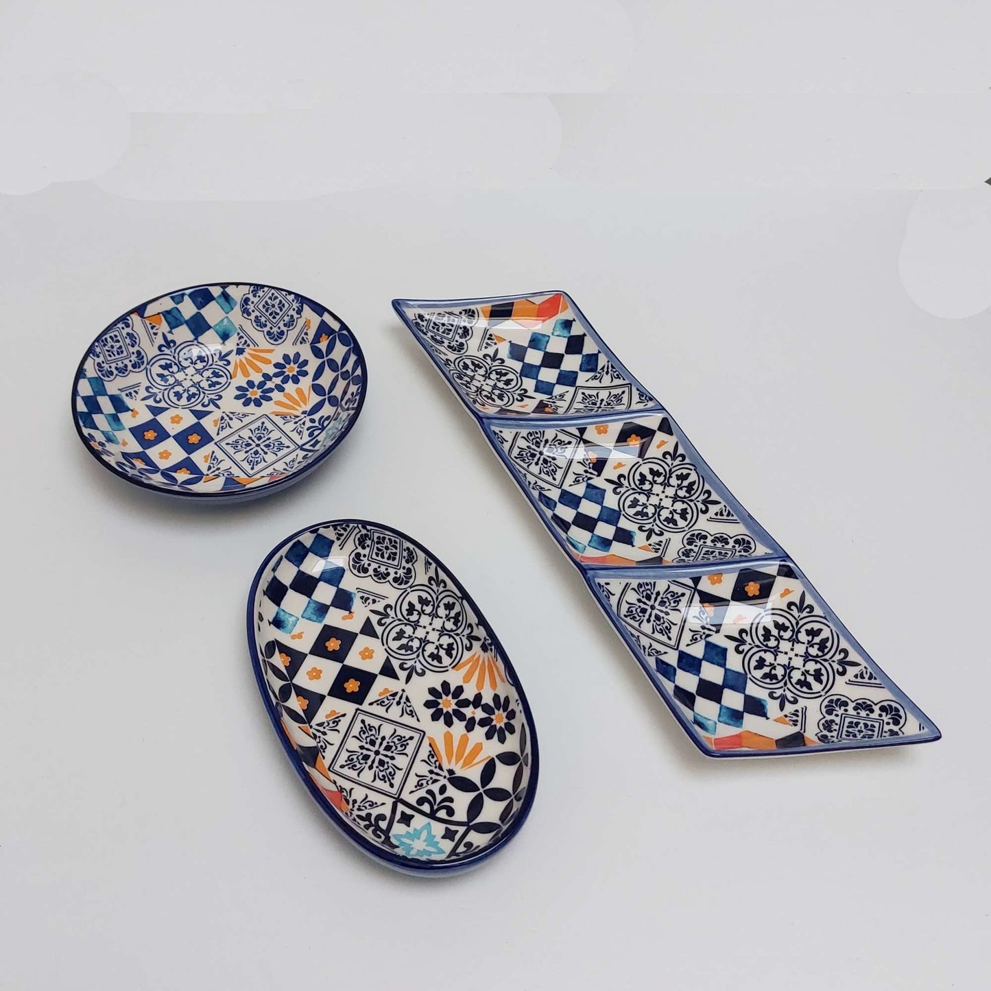 Set x3 pieces Portuguese Ceramic Tiles appetizer, Ceramic of Portuguese Tiles. Hand Painted Tray, Ceramic snack board, Portuguese Gift
