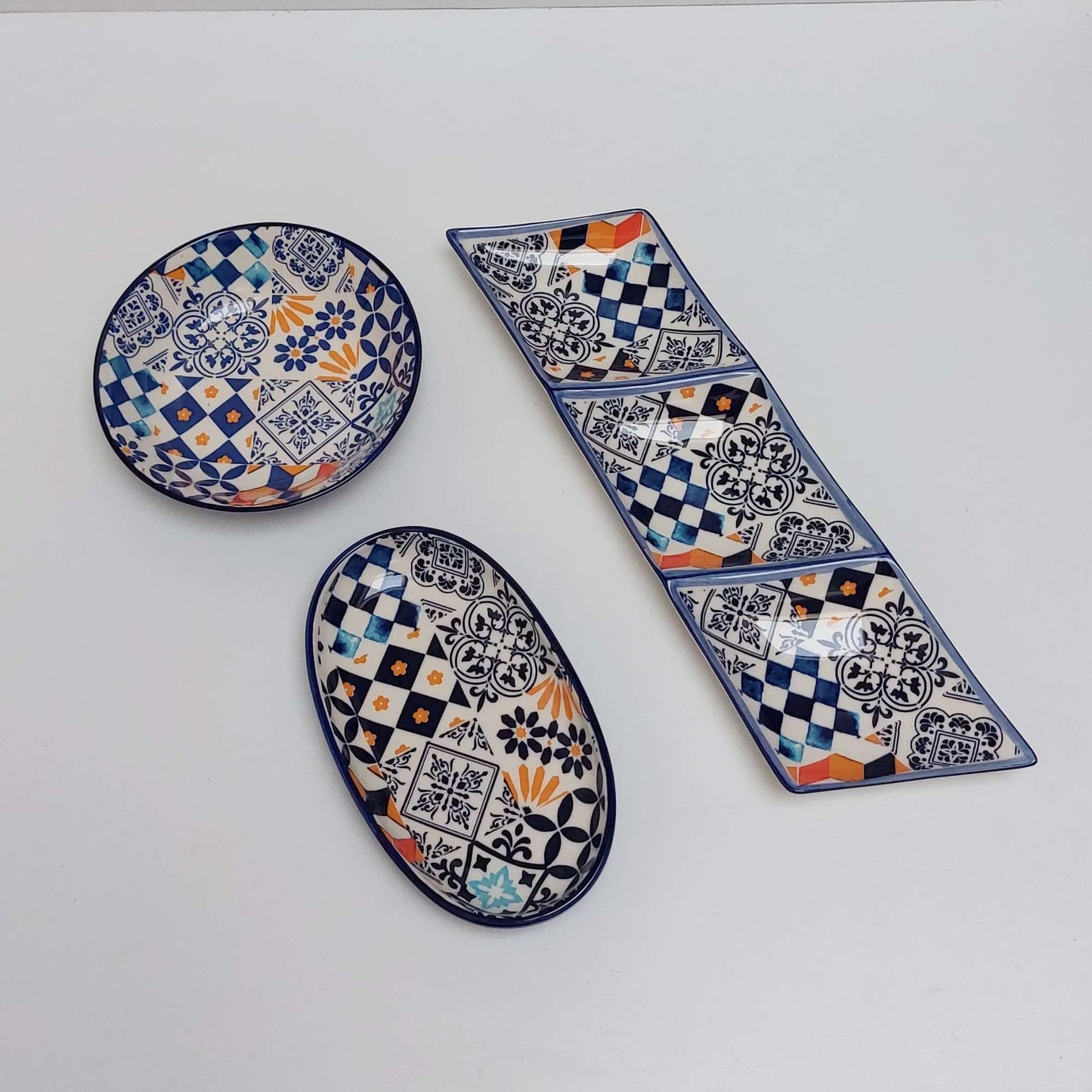 Set x3 pieces Portuguese Ceramic Tiles appetizer, Ceramic of Portuguese Tiles. Hand Painted Tray, Ceramic snack board, Portuguese Gift