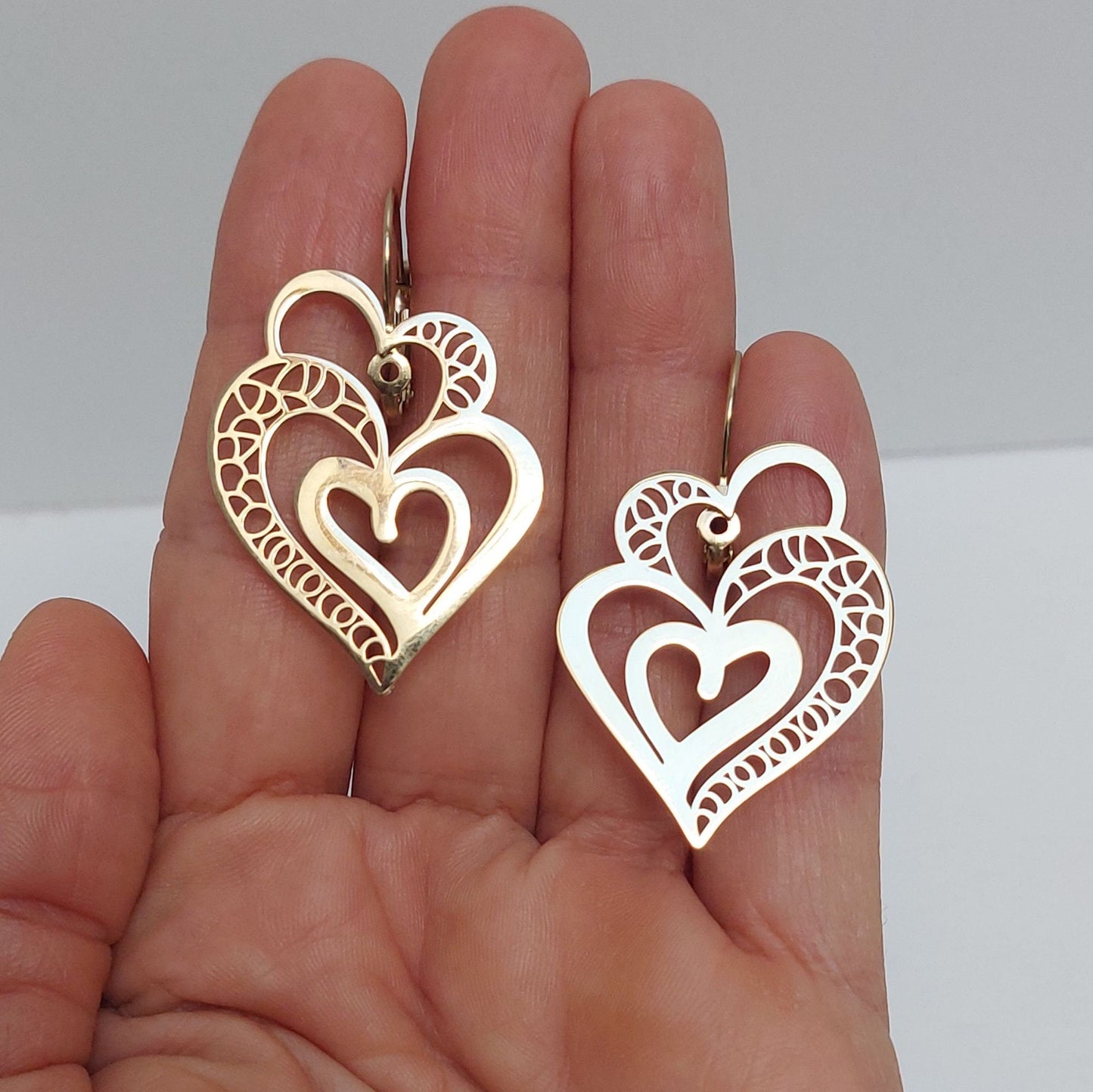 Handmade Portuguese Filigree Heart Earrings, Gold Plated Stainless Steel