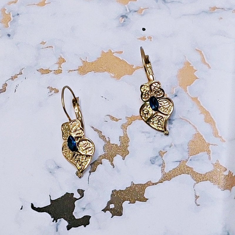 Portuguese Filigree Earrings, Gold Viana Heart with Sapphire Blue Crystal