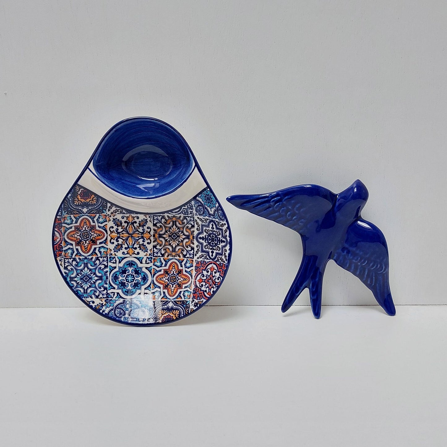 Portuguese Ceramic Olive Dish Set, Tile Design with Cobalt Blue Swallow