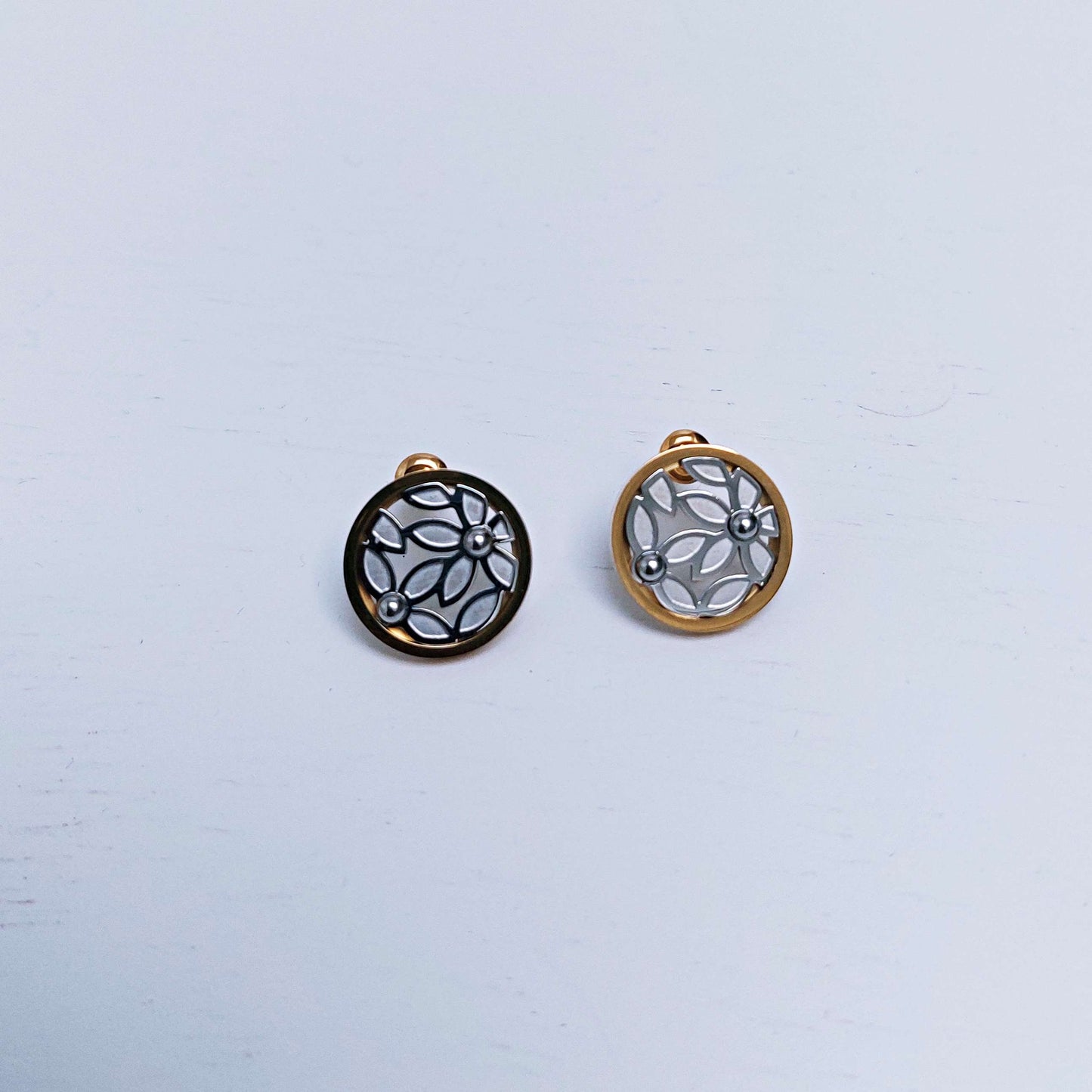 Portuguese Filigree Earrings: Golden Stainless Steel, Silver Flower Design