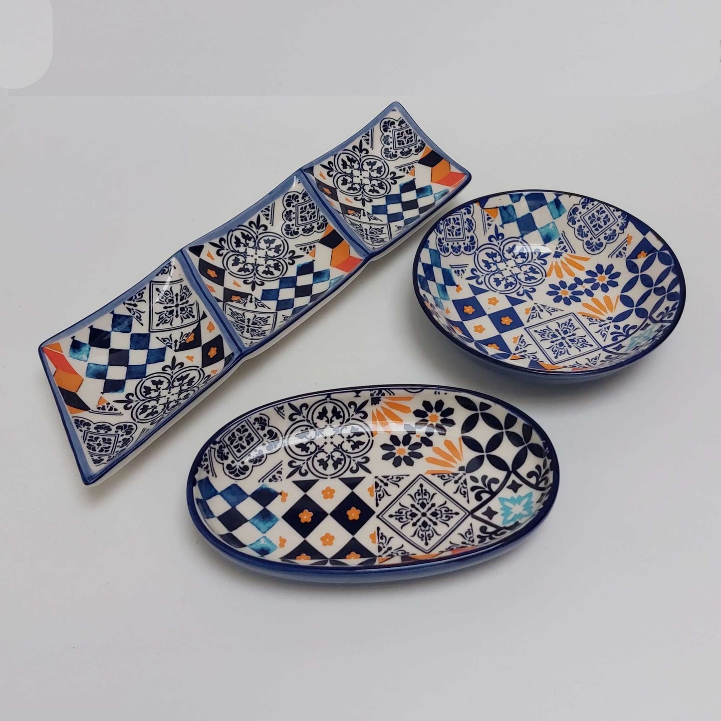 Set x3 pieces Portuguese Ceramic Tiles appetizer, Ceramic of Portuguese Tiles. Hand Painted Tray, Ceramic snack board, Portuguese Gift