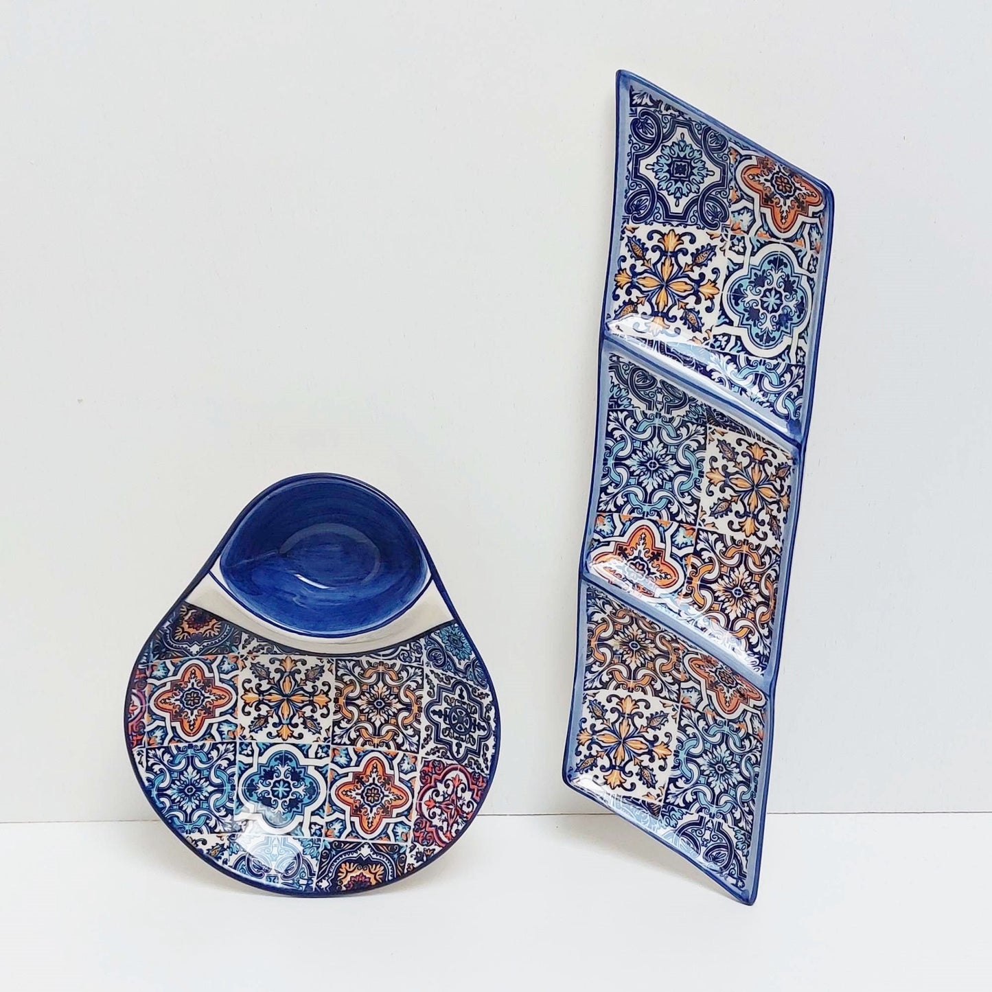 Portuguese Ceramic Snack Trays, Hand-Painted Tile Design, Set of 2