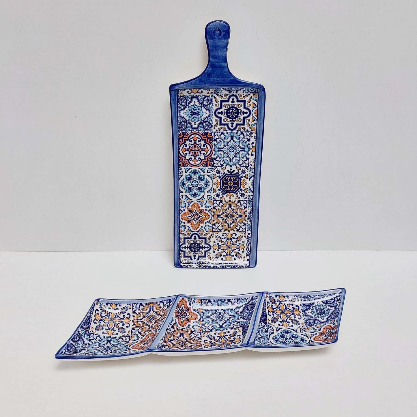 Portuguese Ceramic Snack Trays, Hand Painted Tile Design, Set of 2
