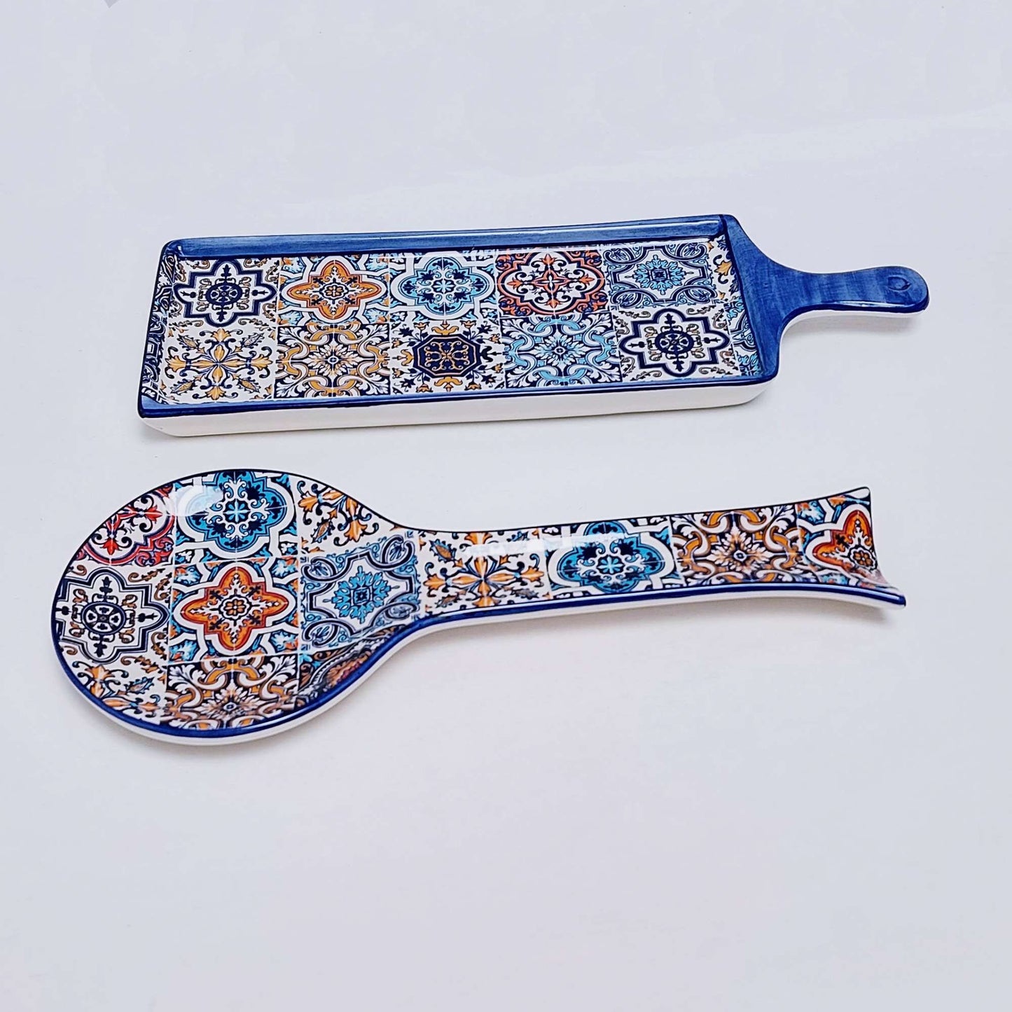 Handcrafted Portuguese Ceramic Tile Snack Tray and Spoon Rest Set