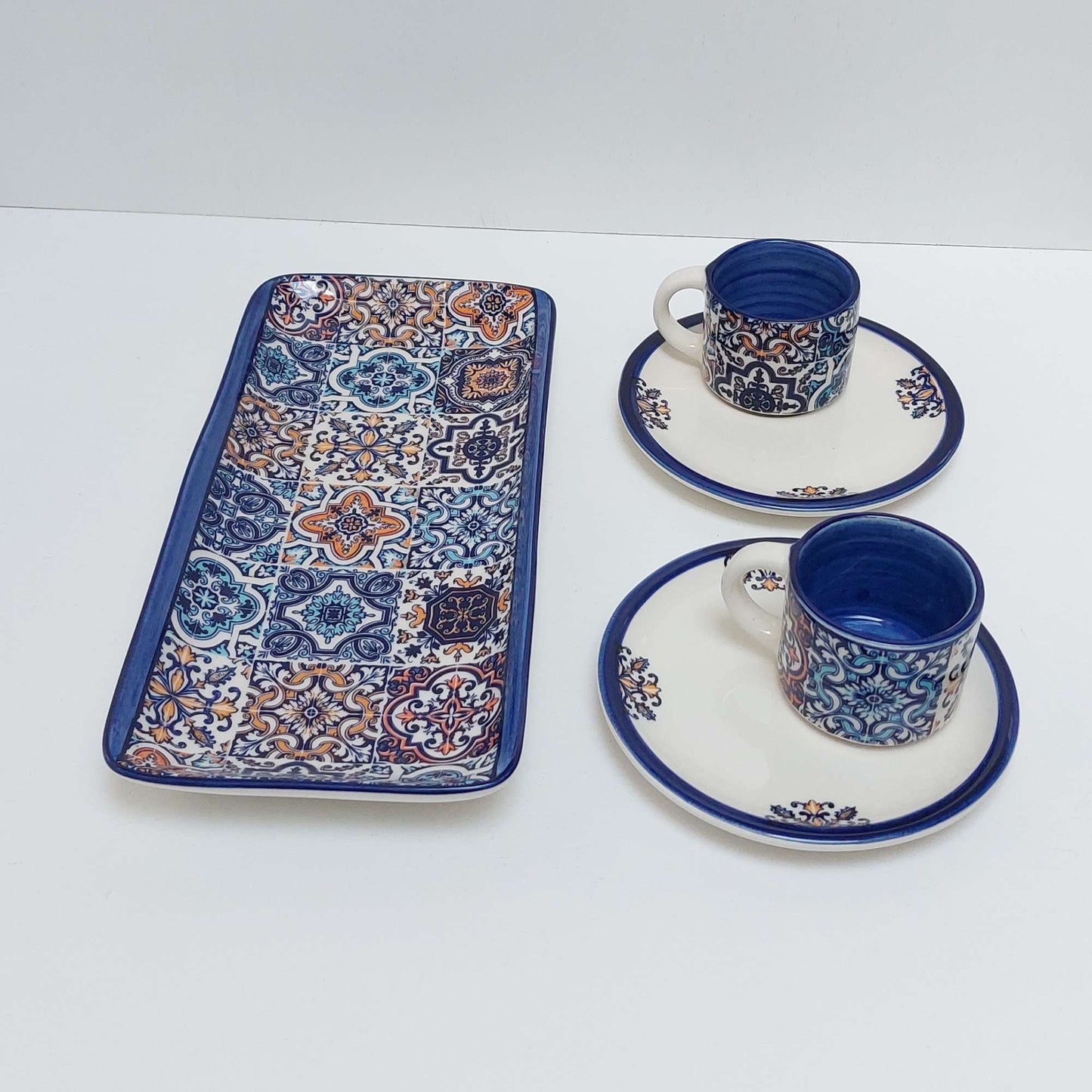 Hand-Painted Portuguese Ceramic Cup Set: Coffee, Saucer & Tray