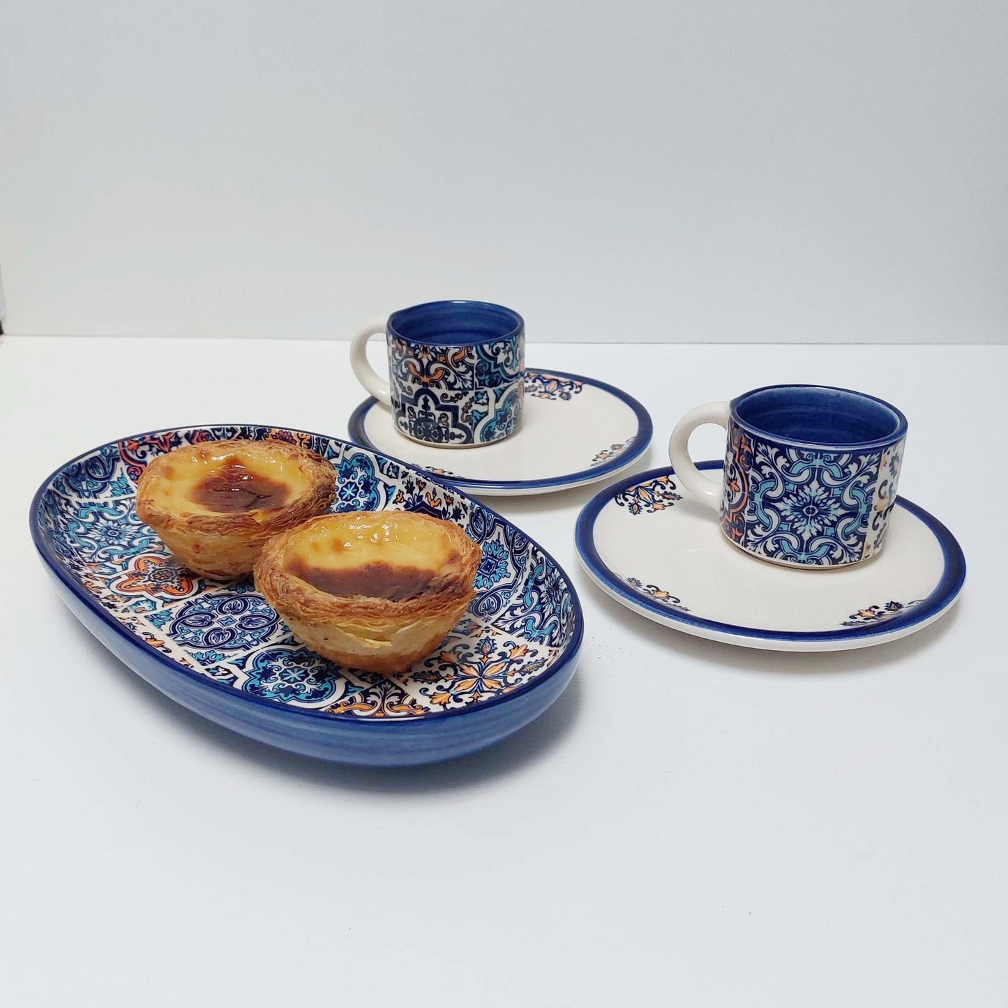 Hand-Painted Portuguese Ceramic Cup Set for Two with Tray