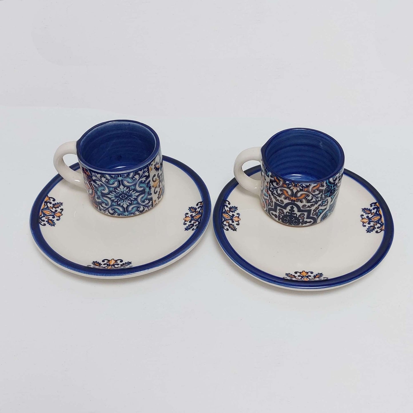 Hand-Painted Portuguese Ceramic Espresso Mug Set, Tile Design