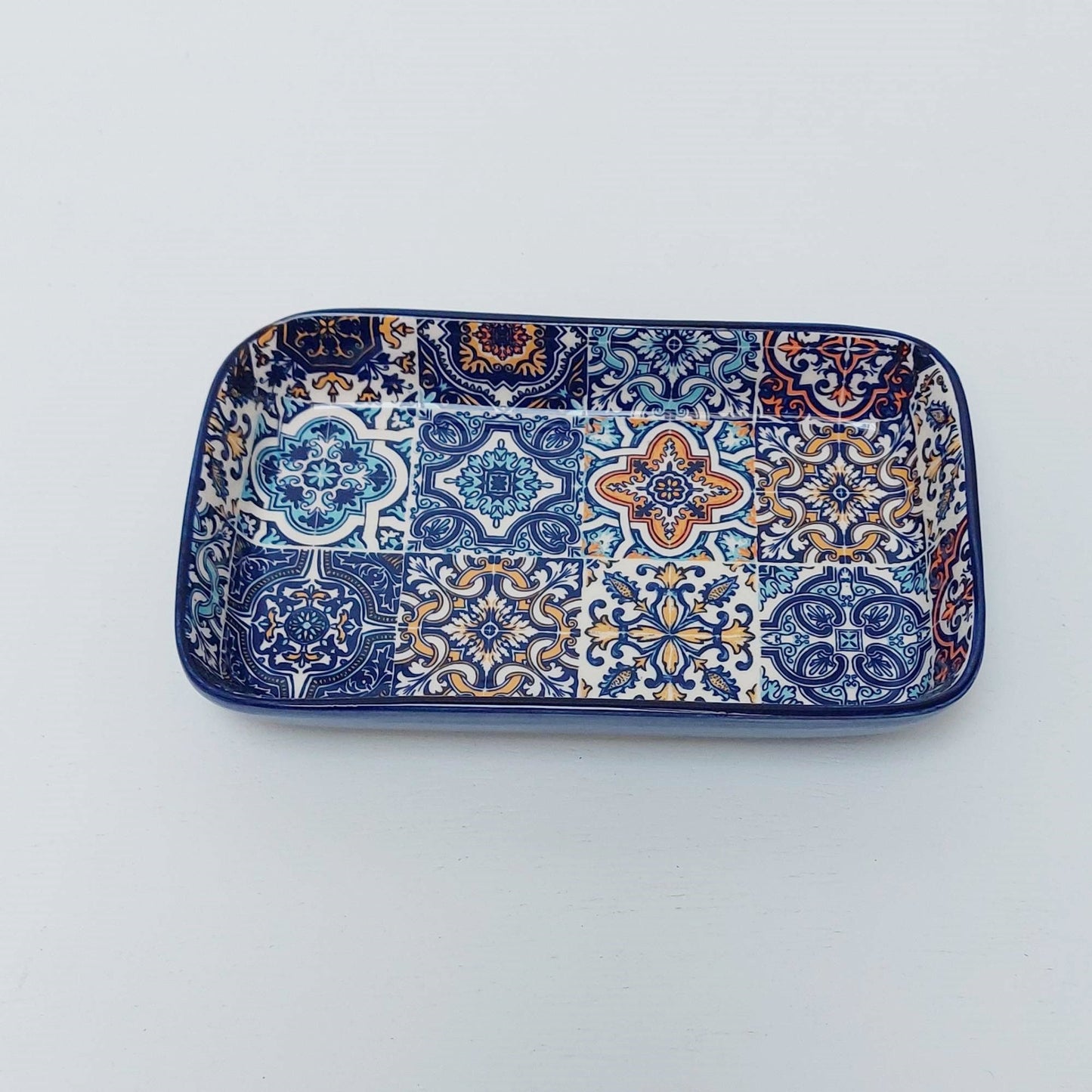 Hand Decorated Ceramic Tray, Portuguese Tile Motif, Soap Dish