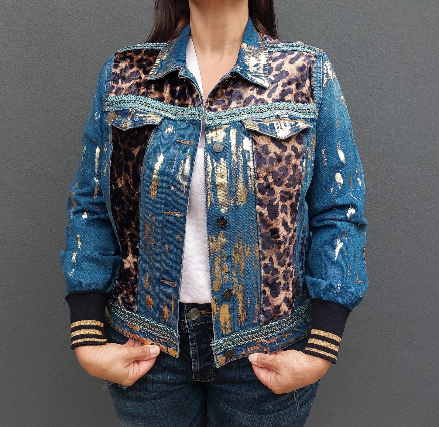 Customised denim jacket with metallic efects| Animal print Hand made Customized Denim Jacket|Denim jacket leopard design | Christmas gifts