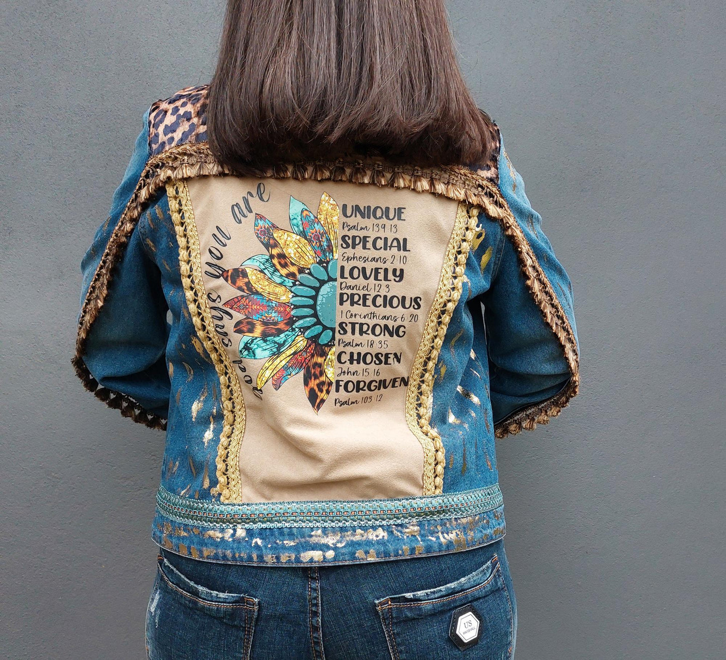 Customised denim jacket with metallic efects| Animal print Hand made Customized Denim Jacket|Denim jacket leopard design | Christmas gifts