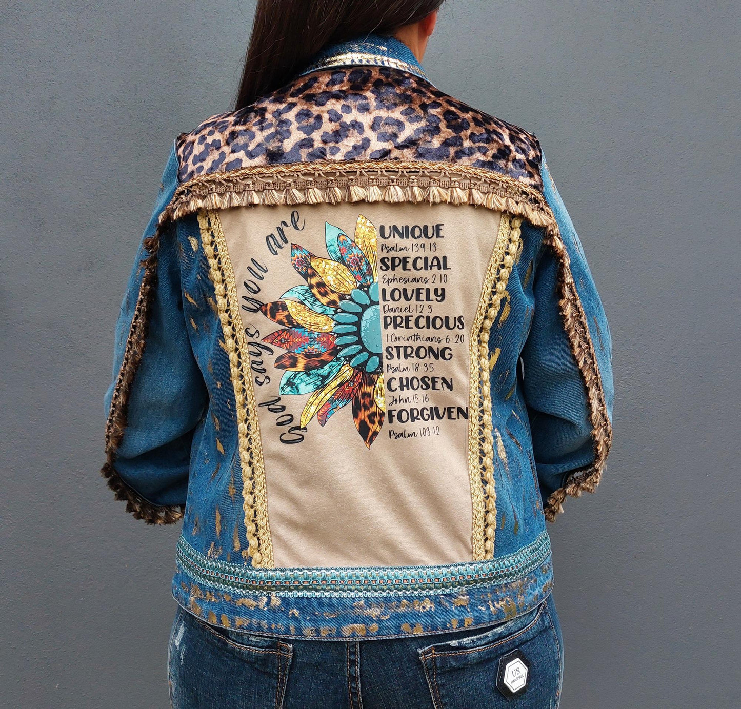 Customised denim jacket with metallic efects| Animal print Hand made Customized Denim Jacket|Denim jacket leopard design | Christmas gifts