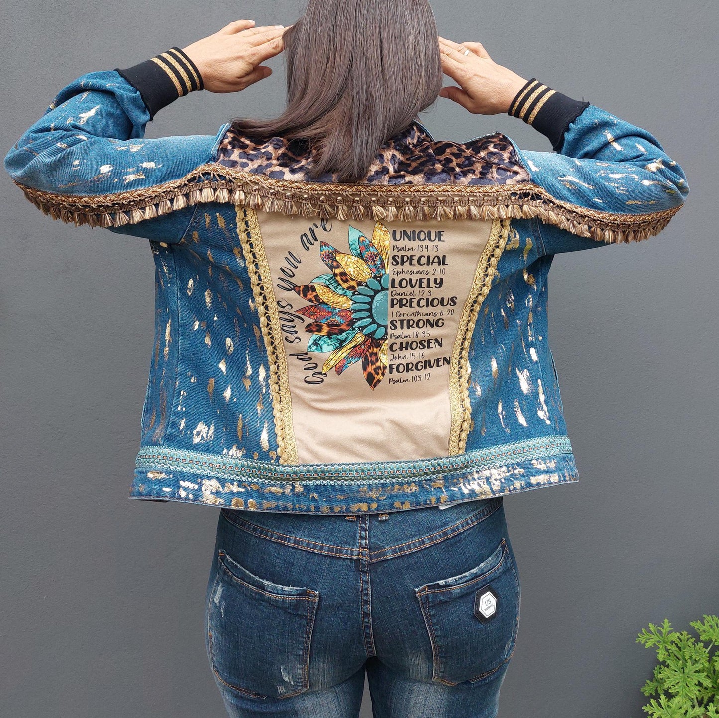 Customised denim jacket with metallic efects| Animal print Hand made Customized Denim Jacket|Denim jacket leopard design | Christmas gifts
