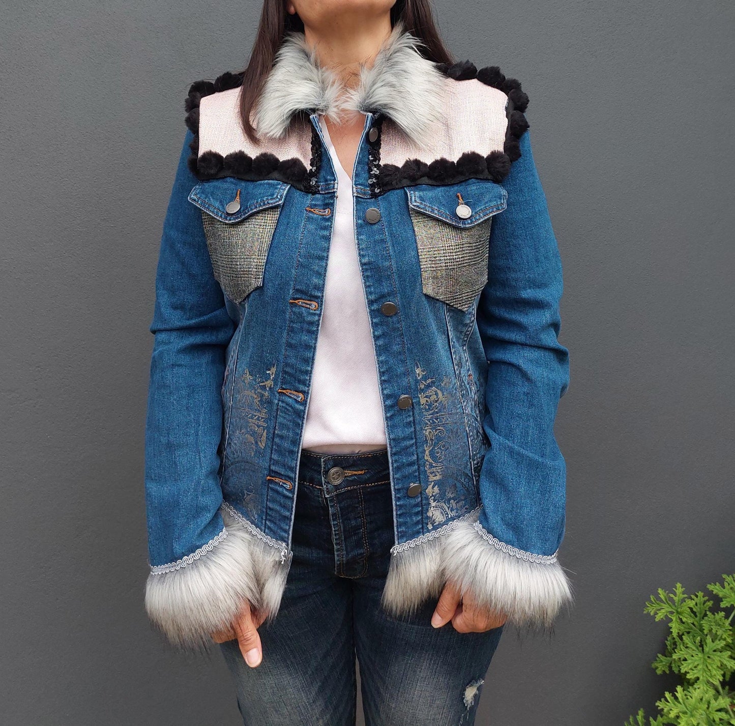 Customised denim jacket with metallic efects| Hand made Customized Denim Jacket|Denim jacket with rhinestones | Christmas gifts