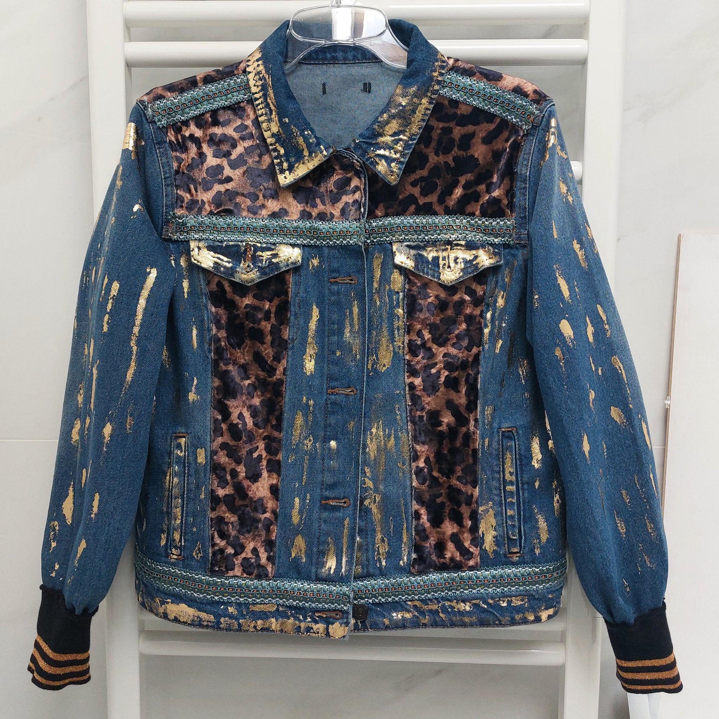 Customised denim jacket with metallic efects| Animal print Hand made Customized Denim Jacket|Denim jacket leopard design | Christmas gifts