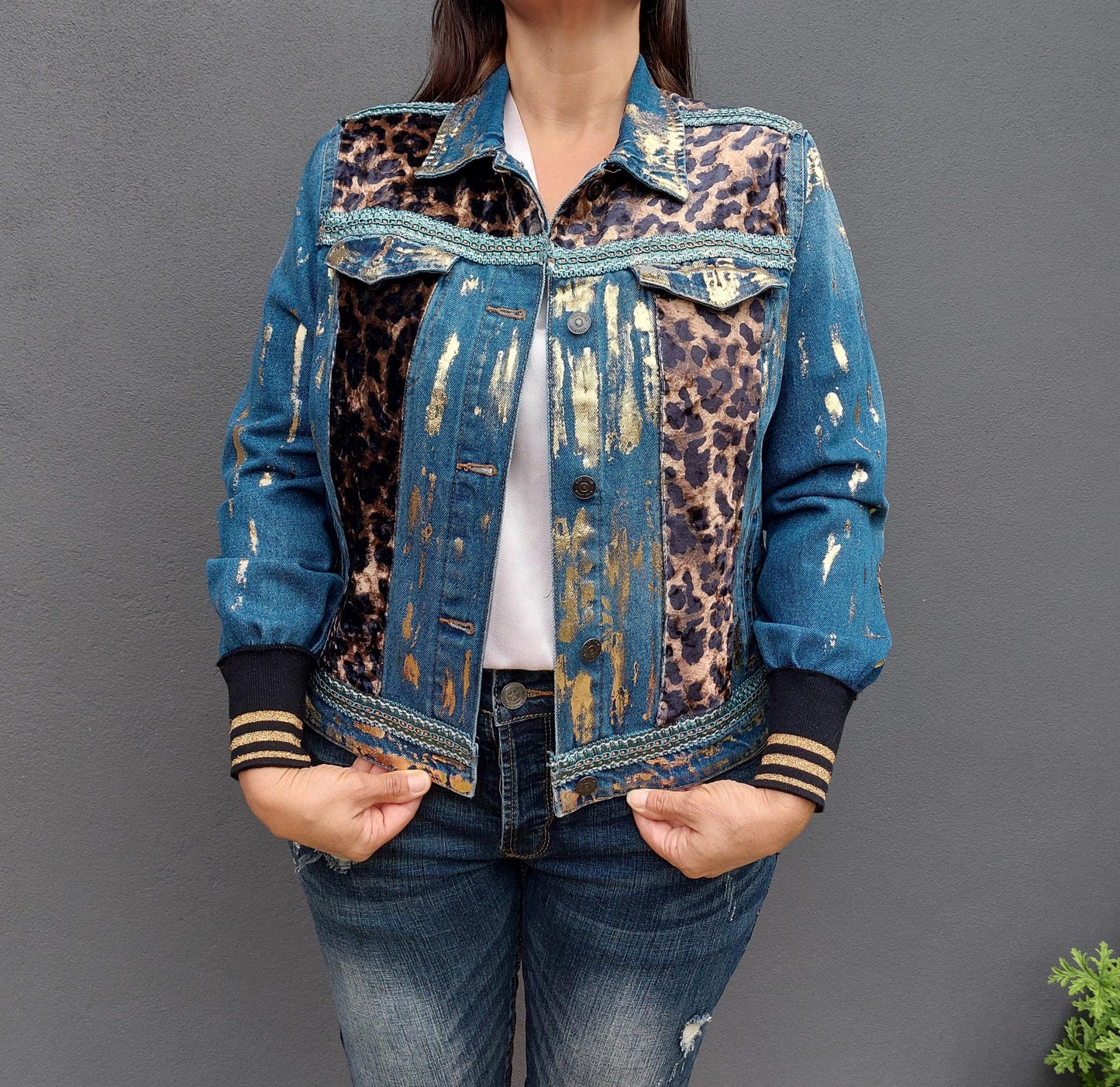Customised denim jacket with metallic efects| Animal print Hand made Customized Denim Jacket|Denim jacket leopard design | Christmas gifts