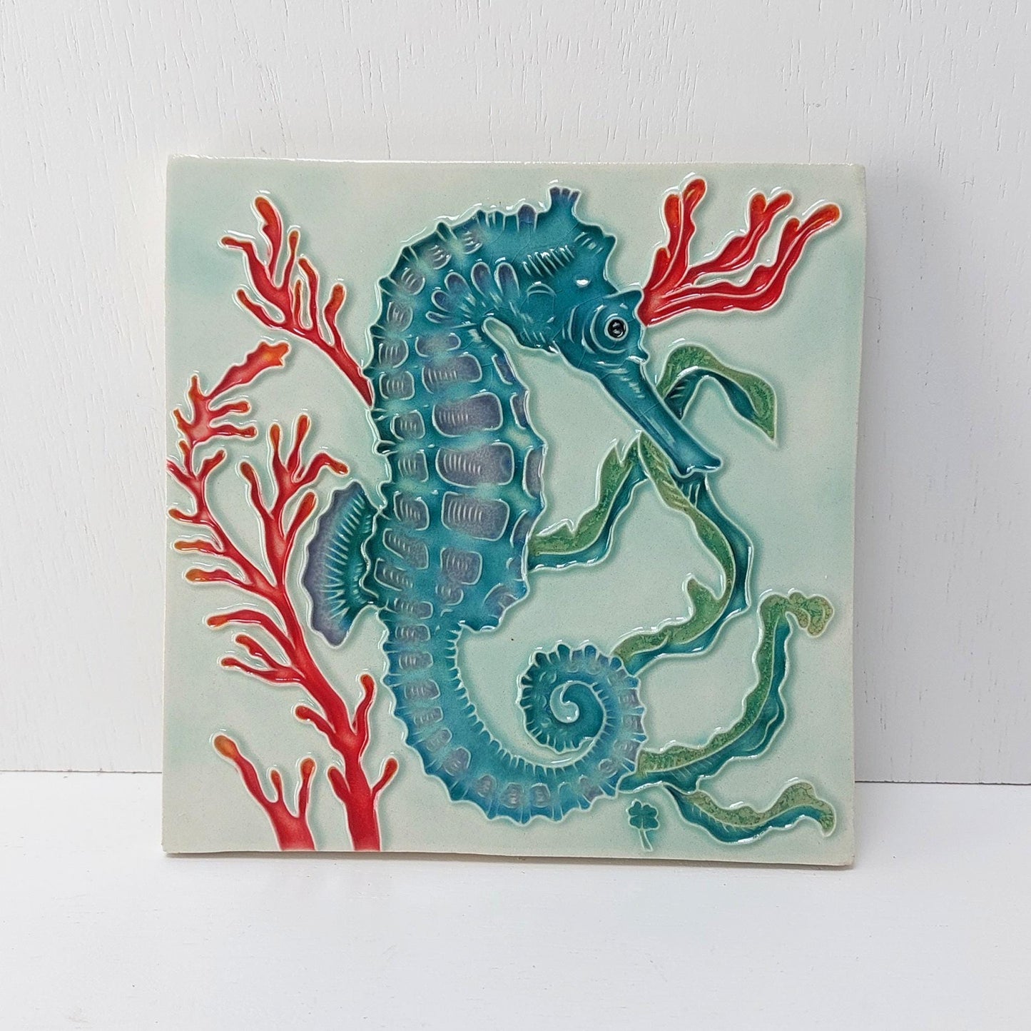 Hand-Painted Portuguese Ceramic Tile, Seahorse Ocean Art (5.51"x5.51")