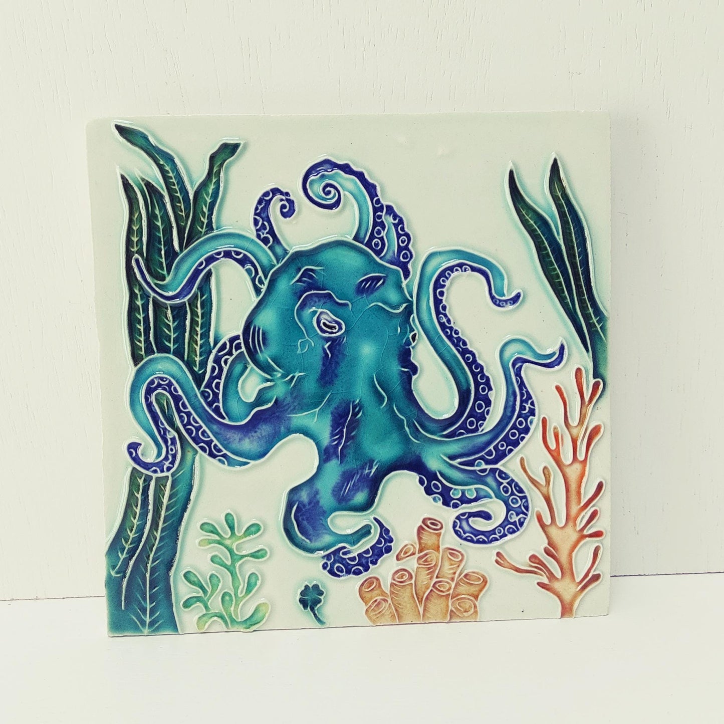 Hand-Painted Portuguese Ceramic Tile, Marine Animals, Ocean Decor