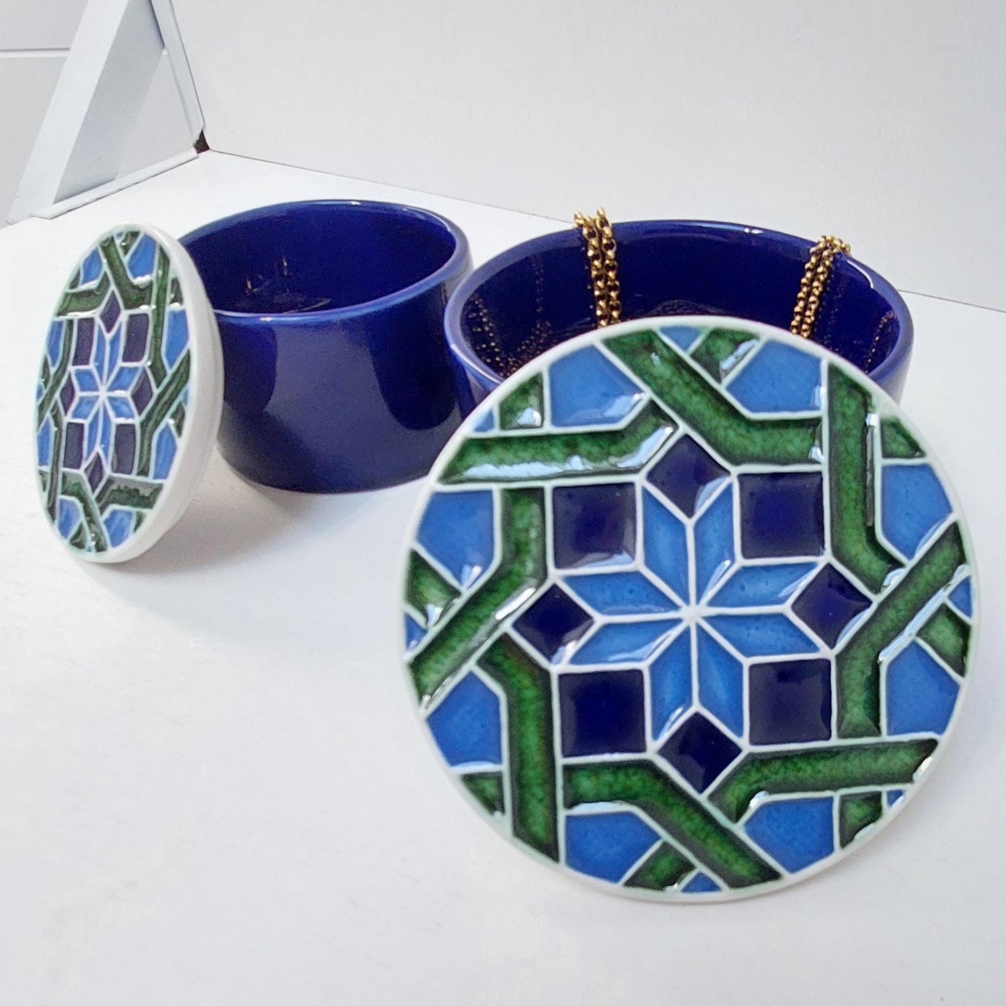 Handmade Ceramic Jewelry Box Set, Portuguese Tile Design