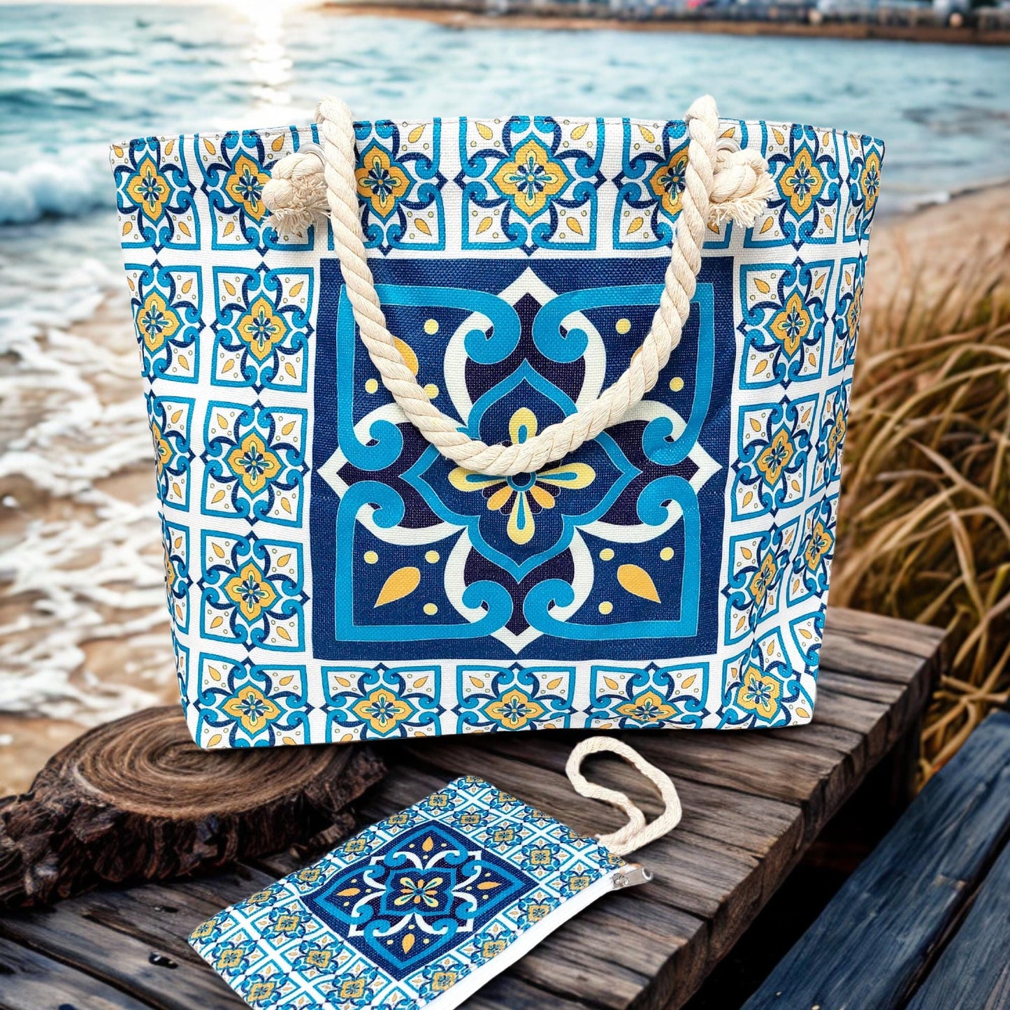Waterproof Beach Tote with Portuguese Azulejo Tile Design
