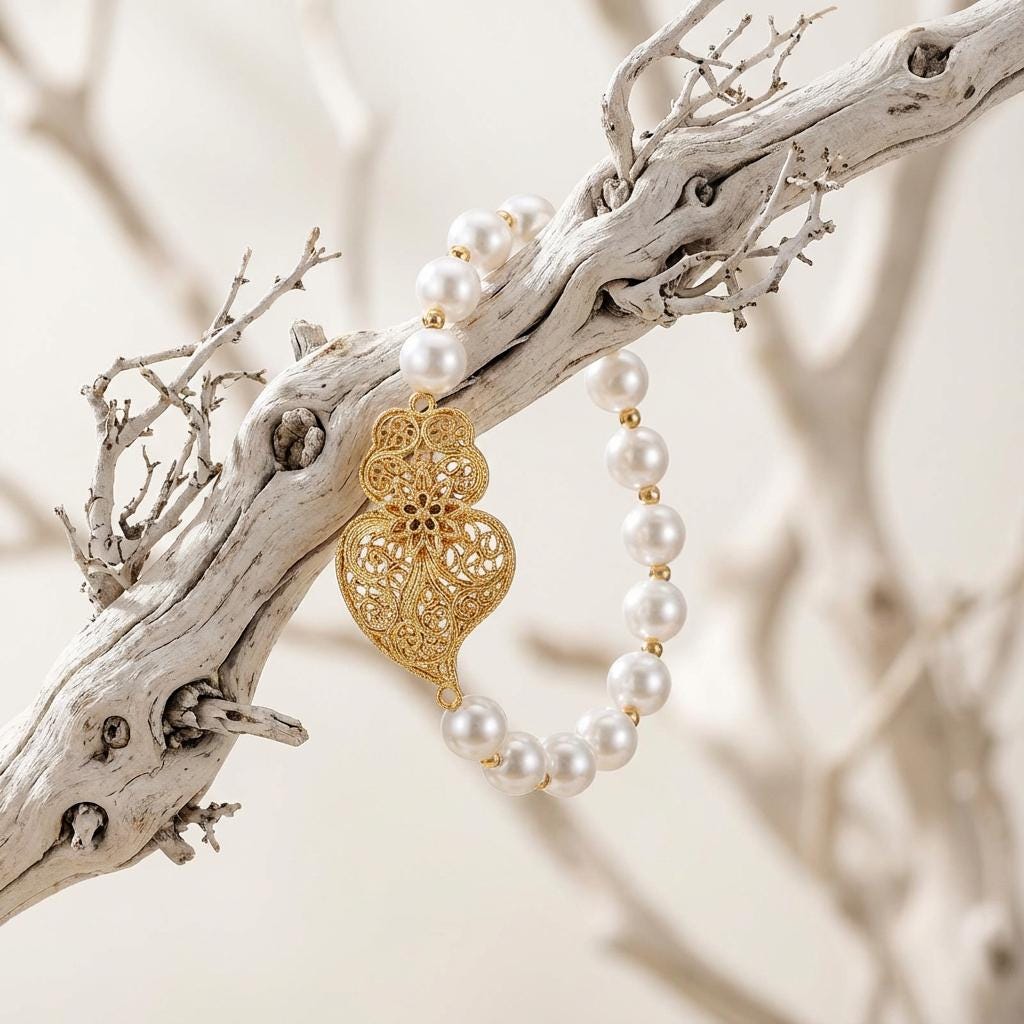 Portuguese Viana Heart and Pearls Bracelet for Christmas, Mother Day or Friend Woman Gift