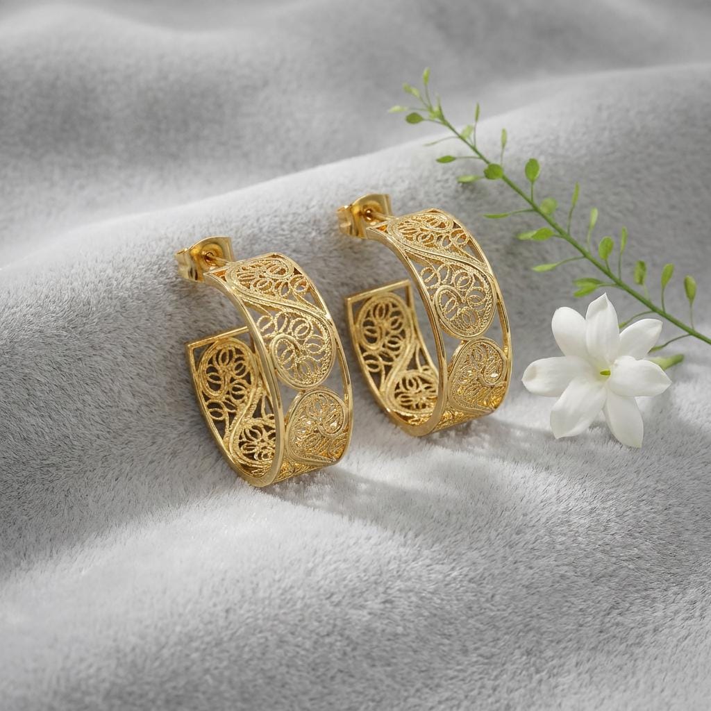 Portuguese Filigree Hoop Earrings | Gold-Plated Women’s Hoops | Elegant Gift for Her