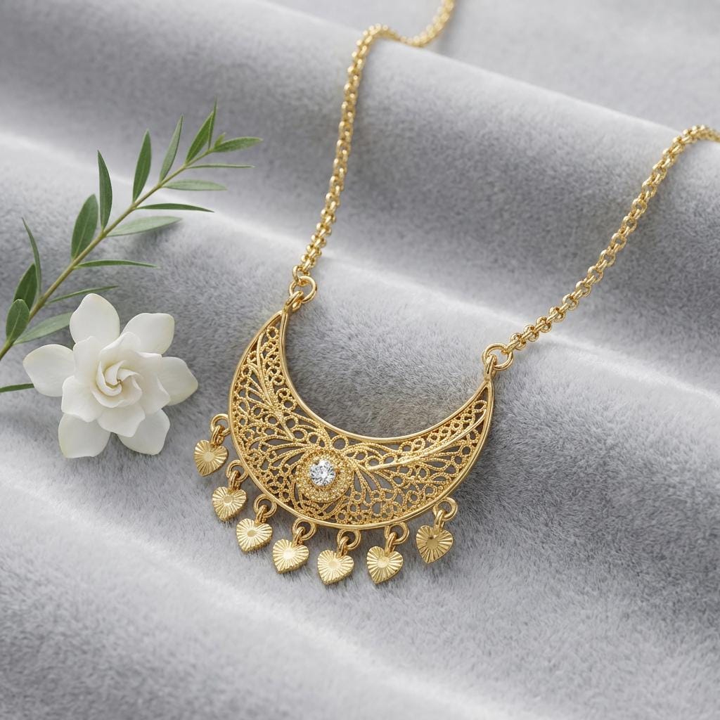 Gold-Plated Portuguese Filigree Moon Heart Jewelry Set