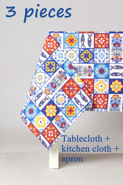 Portuguese tiles tablecloth,Portugues tiles apron, Portuguese Tiles tea towel