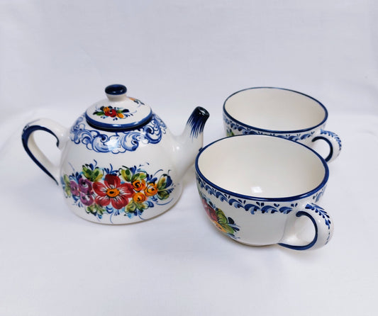 Hand Painted Portuguese Ceramic Teapot Set for Two