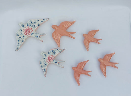 6 Set Ceramic swallow, Ceramic birds, Portuguese ceramic swallow, Ceramic Birds Wall Decor, Hand painted ceramic swallows,